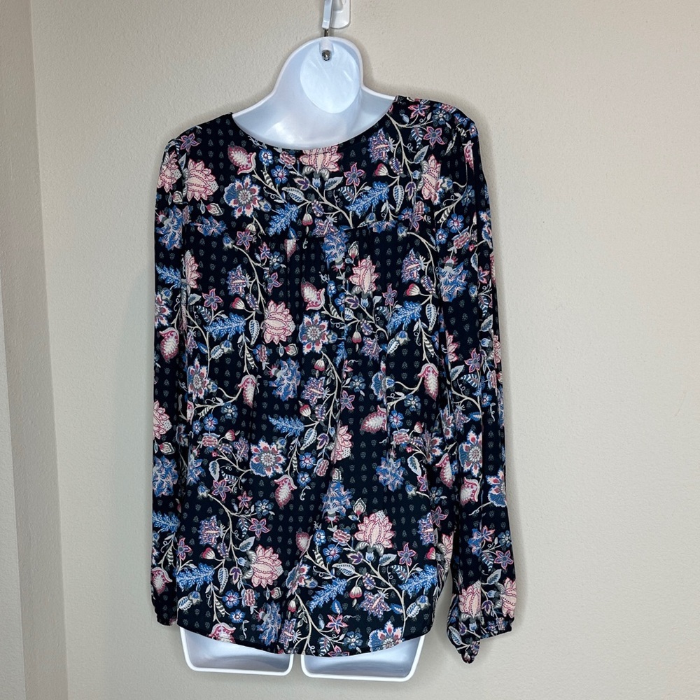 LOFT Navy Floral V-Neck Blouse - Picture 3 of 3